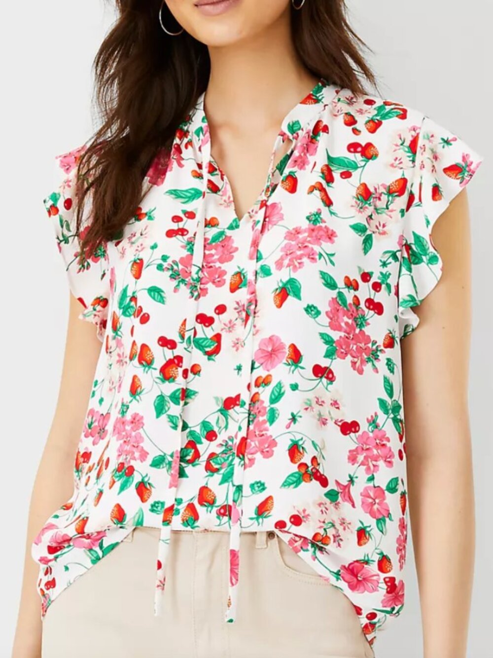 ANN TAYLOR Floral Mixed Media Ruffle Sleeve Tie Neck Shell Top White Strawberry